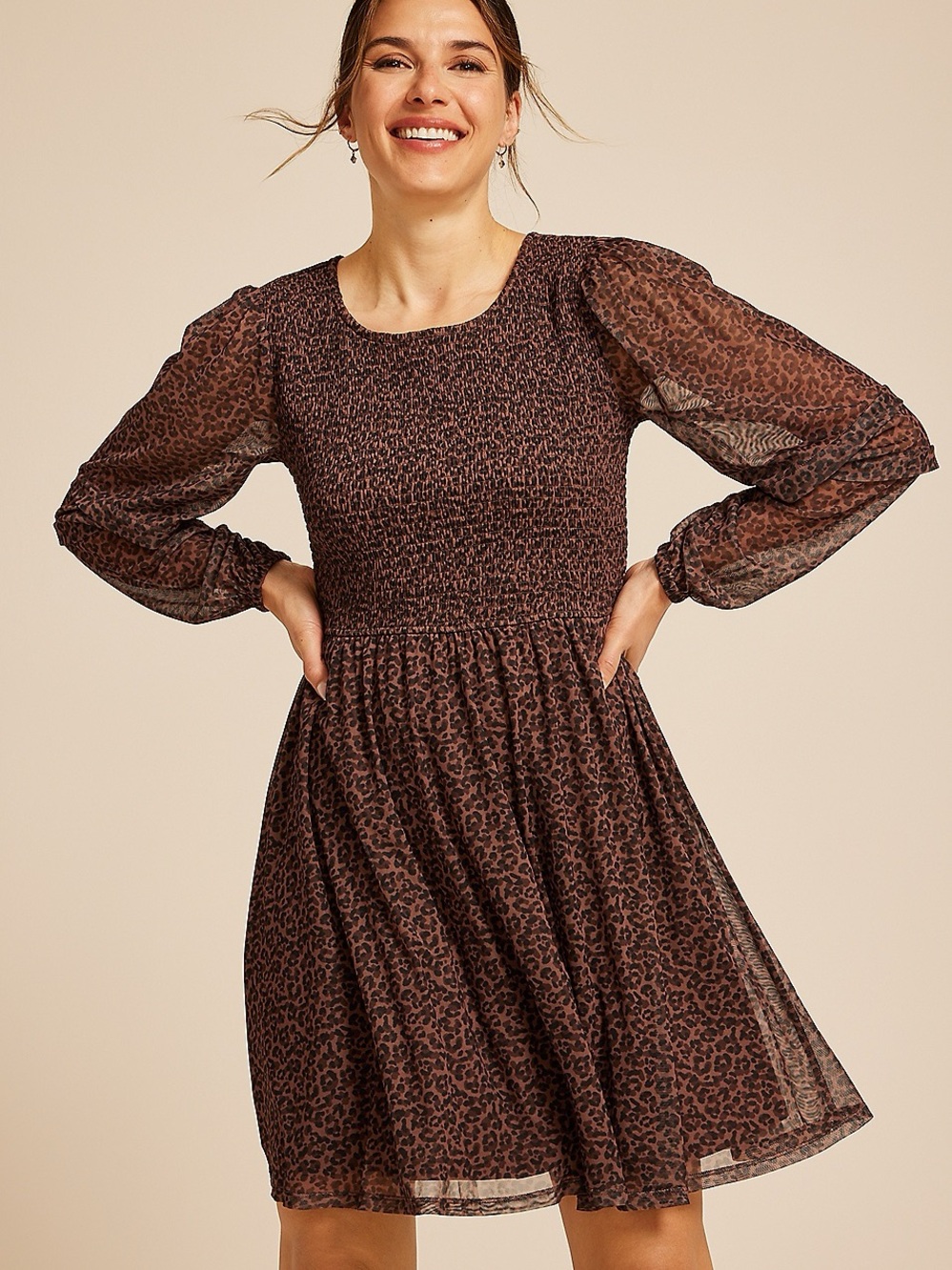 Maurices Brown Leopard-Print Long Sleeve Dress